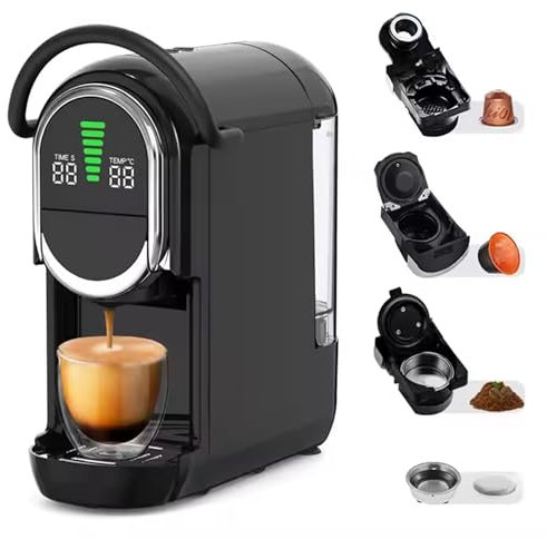 Macchina da 4 in 1, macchina da caffè a capsula portatile, macinacapelli espresso completamente automatica all-in-one, calda e fredda, 15 impostazioni di temperatura, 19 bar, per bevande di qualità