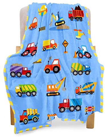 Zltegako Bau-Kinderdecke für Jungen und Mädchen, leichte Baby-Kinderdecke, niedlich, weich, kleine LKW, Auto-Decken, bequem, Fleece, Flanell, Plüsch, blau, als Geschenk, 101,6 x 127,7 cm