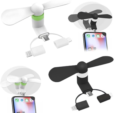 KARELLS 2 mini ventiladores para teléfono móvil, ventilador giratorio portátil, ventilador de refrigeración para teléfono móvil, ventilador 3 en 1 para teléfonos Lightning/Type-C-Telefone/Micro USB