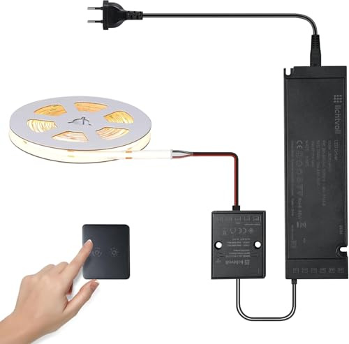 lichtvoll 24V COB LED Streifen 5M– 480 LEDs/m, flimmerfrei ultrahell, Farbtemperatur 2700K–6500K dimmbar, mit Touch-Schalter 2.4G Controller und 60W Netzteil für Küche, Schränke