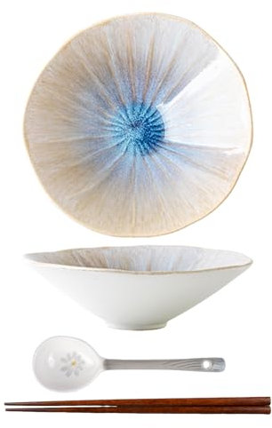 Wovella 7.5 Inch Ramen Bowl Set Japanese Noodle Bowls Ceramic Soup Bowl with Spoon and Chopsticks Elegant Design for Salad Soup Pasta（One Pack）