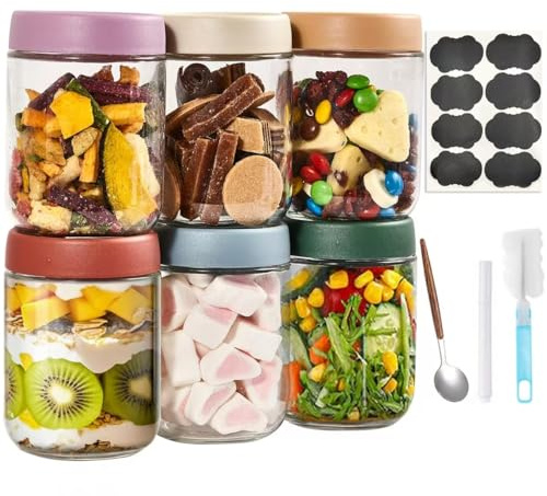 Liliume 6-pack Overnight Oats Jar 500ml Overnight Oats Container with Airtight Seal for Salad and Snacks (Six Colors)