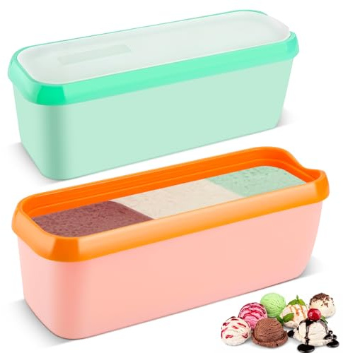 Nymblis Lot de 2 bacs à crème glacée rectangulaires de 1,5 l avec couvercle, récipients réutilisables pour gelato, sorbet, yaourt glacé (orange et vert menthe)