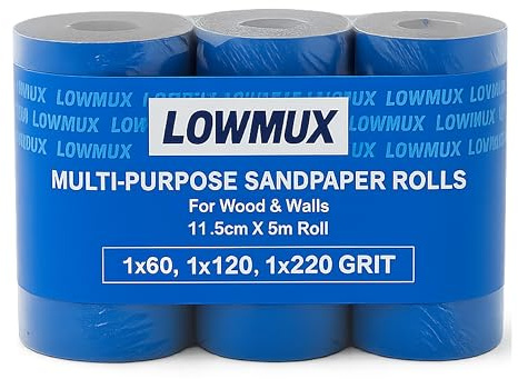 LowMux Sandpaper Rolls – 3 Pack (60, 120, 220 Grit) – 11.5cm x 5m Each – Aluminium Oxide Sandpaper for Wood & Walls – Easy to Cut – Hand & Sheet Sander Compatible – Coarse to Fine Grit