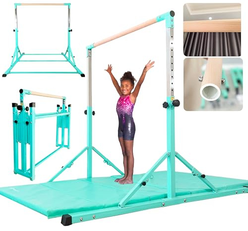 PreGymnastic Foldable Gymnastics Bar, 6FT Horizontal Bars, Folding Training Bar for Kids Ages 3-18, Weight Limit 500 LB, Adjustable kip Bar,Home Gym Equipment Indoor(Foldable Bar with Mat,Teal-Mat)