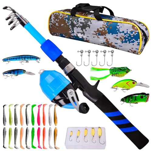 Canne à pêche – Kit de démarrage | Canne à pêche pour enfants | Canne à pêche légère en fibre de verre de 1,8 m avec moulinet intégré, leurres, boîte de matériel et sac, idéale pour les adolescents