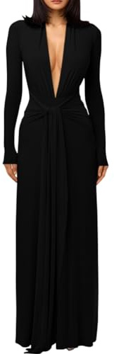 DAAWENXI Women's Sexy Deep V Neck Maxi Dress Long Sleeve Tie Wedding Guest Cocktail Evening Dresses Black