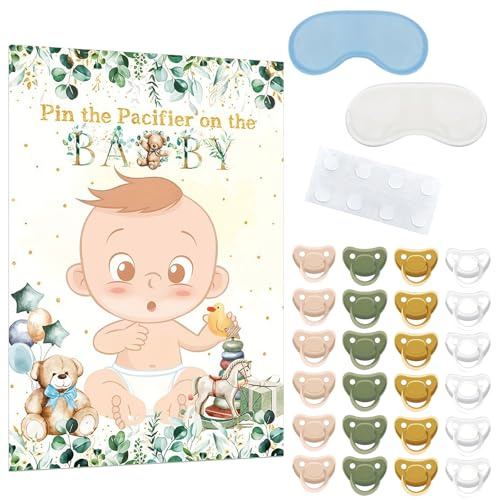 Vxcvzv Baby Shower Games Set Pin The Dummy on Baby Poster with 2 Blindfolds 24 Pacifier Stickers Sage Green Decorations