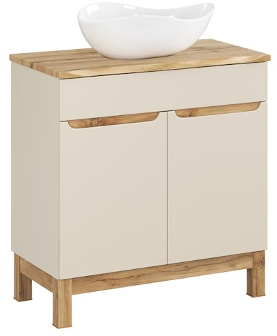 Lomadox Badezimmer Waschtisch 80 cm in Kaschmir und Eiche mit Aufsatzwaschbecken & Baumkantenoptik, stehend, modern, grfflos