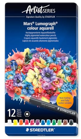STAEDTLER Lápices acuarelables – 12 lápices artísticos en estuche metálico – Diseño hexagonal, mina de 3,6 mm, colores vivos y resistentes a la luz – ideales para técnicas de acuarela