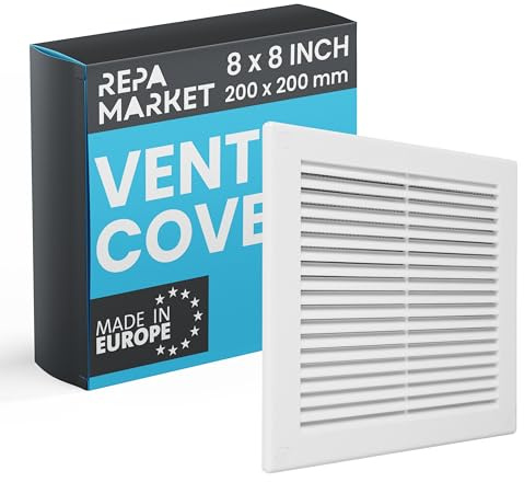 Repa Market 8 x 8 Inch / 200 x 200mm (Outer Size) White Square Air Vent Covers for Walls - Plastic Intake Air Vents - Grill Cover w/Nylon Mesh Screen - HVAC Ceiling Ventilation Grilles