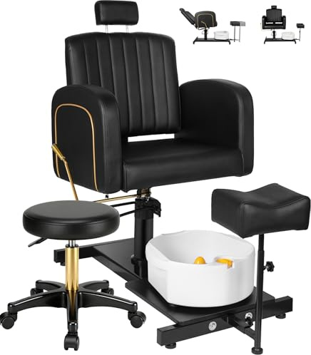 Felivine Pedicure Chair No Plumbing for Nail Tech, Hydraulic Pedicure Station with Adjustable Footrest and Massage Bathtub, 360 Degree Swivel Foot Spa Chair Rolling Pedicure Stool, Black&Gold