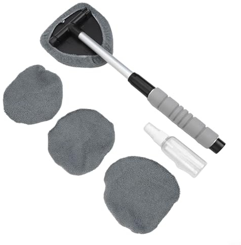LatoYard Pulitore per vetri auto con manico retrattile e testa girevole 180 per pulizia parabrezza e vetro, include 3 asciugamani e flacone spray