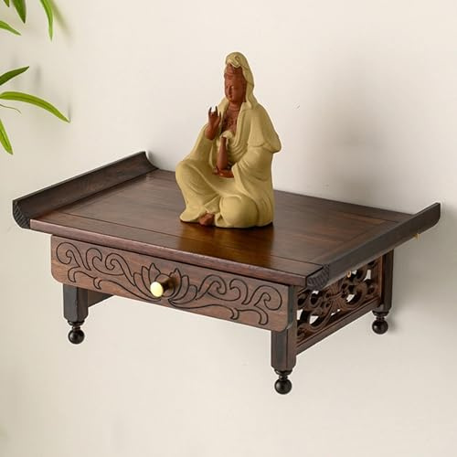 RTTZBOZ Buddhistischer Altartisch mit Schublade, Wandmontiertes Altarregal aus Massivholz für Meditation, Gebet und Opfergaben von Buddha Statuen(40cm/16in)
