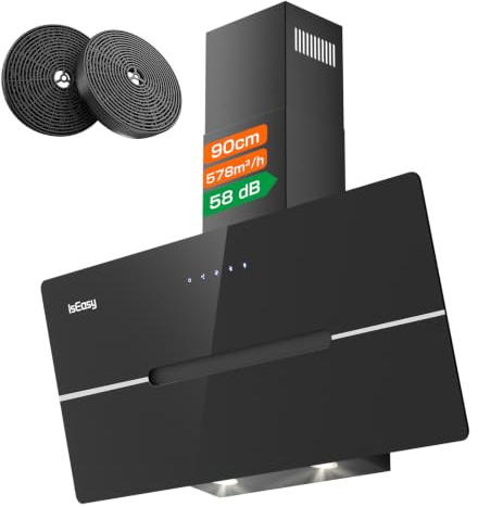 IsEasy Dunstabzugshaube 90 cm, Dunstabzugshaube Umluft mit 578 m³/h Starker Saugleistung, 3 Einstellstufen, Abluft/Umluft, Touch-Bedienung, 58 dB, Schwarz