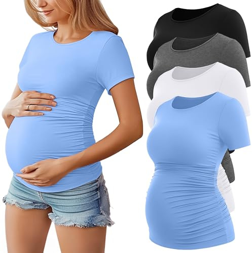 Geyoga - Confezione da 4 Magliette Premaman da Donna a Maniche Corte, con Scollo Rotondo e Arricciature Laterali(Nero, Bianco, Grigio Scuro, Azzurro,S)