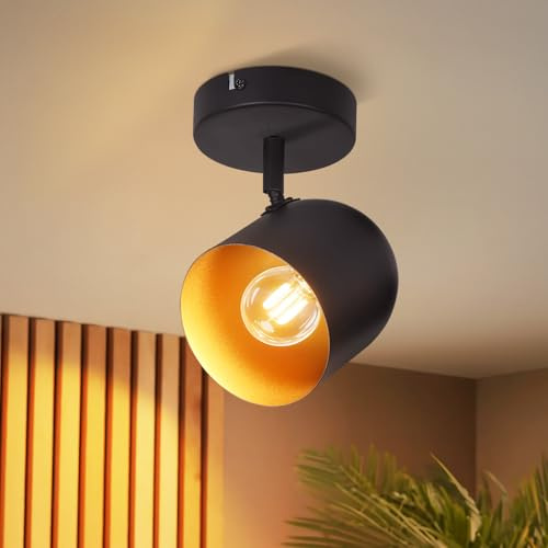 Kowanie Deckenstrahler Vintage 1 flammig: retro Deckenleuchte Schwarz Gold | Industrial Deckenlampe E14 Deckenspots Flur aus Metall Schwenkbar 350° Wandstrahler für Küche Wohnzimmer - Ohne Leuchtmittel
