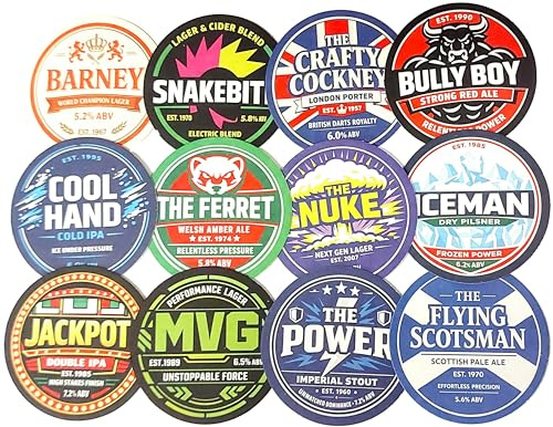 Darts Themed Beer Mats – Pack of 12 Pub Style 95mm Coasters – Darts Fan Gift for Man Cave, Home Bar & Games Room – Novelty Pub Coaster Set