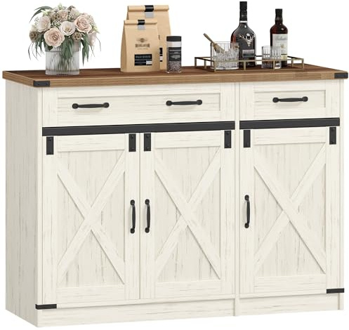 Hzuaneri Armario de Cocina, Aparador Cocina, Armario de Almacenamiento con 2 Cajón, 3 Puertas, Estantes Ajustables, 40 x 108 x 80 cm, Blanco Rústico y Marrón Miel SC85814X