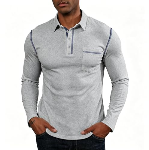 Dybycit Mens Long Sleeve Polo Shirts Collared Golf Rugby Shirts Smart Casual Polo Shirts with Pocket
