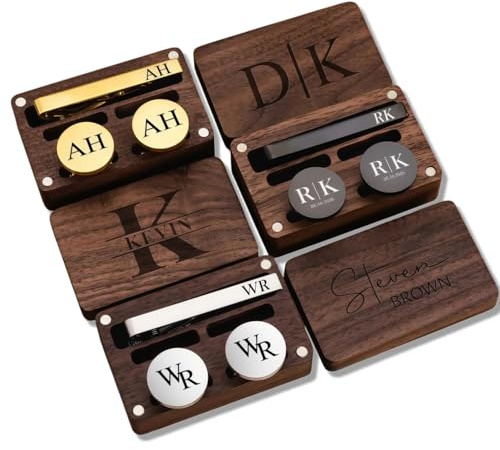 Individuelle Manschettenknöpfe For Den Trauzeugen Und Krawattenklammer In Holzbox, Personalisiertes Manschettenknopf-Set Mit Gravierten Initialen, Geschenk For Geburtstag, Jahrestag, Hochzeit