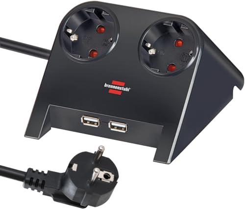 Brennenstuhl Desktop-Power grenuttag 2-vägs för bord (borduttag med 1,8 m kabel, gummifötter och 2 USB-uttag) svart polerad