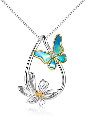 Schmetterling Kette Damen 925 Sterling Silber Tropfenförmiger Butterfly und Gänseblümchen Blume Anhänger Halskette Schmuck Geschenke für Damen