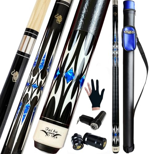 Tai ba cues Billard-Queuestab + Hartschalenkoffer, 13 mm Spitze, 147,3 cm, Hartholz, kanadischer Ahorn, professioneller Billard-Queue-Stick 18,19,20,21,22 g (wählbar), Blau, Schwarz, Rot, Grau, Grün