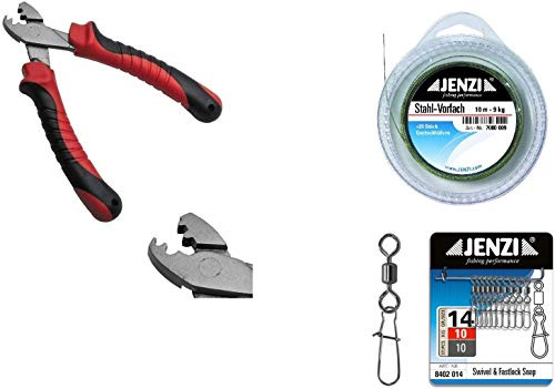 STMK Vorfach Set 1 x Stahlvorfach 9kg, 10m ummantelt, 20 Quetschhülsen, 10 Karabiner mit Wirbel- Klemmhülsenzange & gratis Petri Heil! Aufkleber