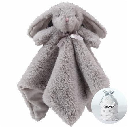 CREVENT Cozy Plush Baby Security Blanket Comforter Cuddle Blanket for Baby Boys and Girls, Faxfur Front + Fleece Backing with Animal Face (Grey Bunny)