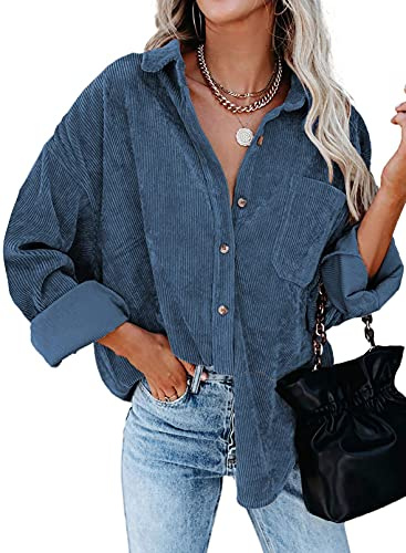 Necooer dam manchesterskjortor pojkvän långärmad button down blusar toppar, blå, L