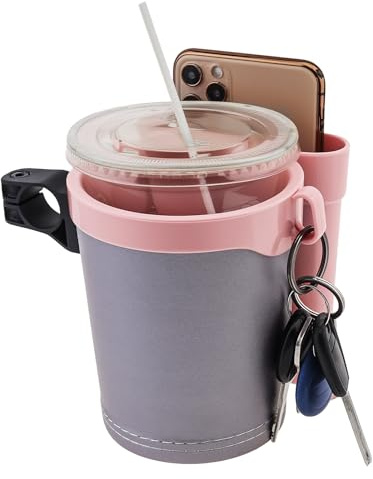 3-in-1 Universal Bike Cup Holder with Cell Phone Case Keys Hook, Gray Pink