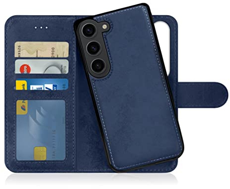 MyGadget Flip-fodral till Samsung Galaxy S23 - [avtagbart magnetfodral] - mobilfodral av konstläder - [flipfodral med kortplats] skyddsfodral i mörkblått