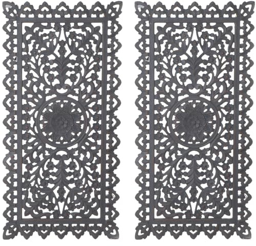 MARRAKESCH 2er Set Wandbild Wanddeko aus Holz 90cm Gross Ornament Bodhi als Orientalische Dekoration Shabby Grau