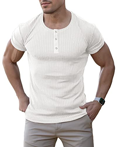 Agilelin Herren Baumwolle Kurzarm Shirt,Schlanke Passform Muskelshirts,Casual Henley Shirt,Geripptes Tshirt(Weiß/M)