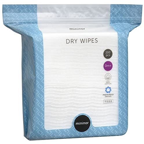 Mininor - Dry Wipes - 200pcs, 100% Pure Cotton, No Preservatives, No Chlorine Bleach, No Perfume, Certified by Asthma-Allergy Denmark, Soft and Strong Baby Wipes