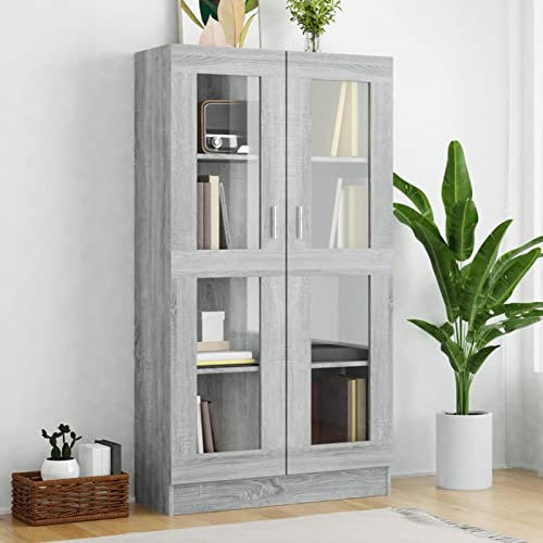 ZEYUAN Vitrinenschrank, Vitrine, Wandschrank, Schrank Regal, Glasregal, Glasvitrine Stehend, Eckvitrine, Manga Regal, Grau Sonoma 82,5x30,5x150 cm Holzwerkstoff