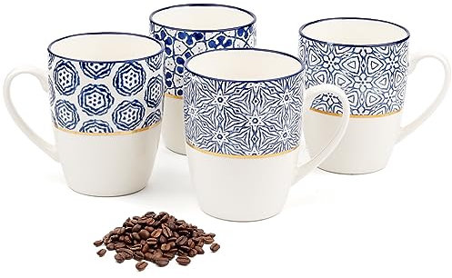 MACHUMA Set of 4 370ML/12.5OZ Coffee Mugs with Blue and White Patterns, Ceramic Tea Cup Set, Gift for Friends(2)
