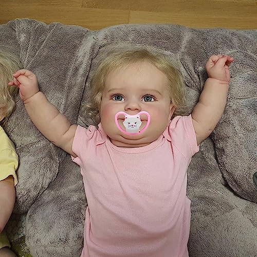 MineeQu 24 Zoll Große Lächelnde Lebensechte Wiedergeborene Babypuppe in Babygröße Die echt Aussieht und Sich echt Anfühlt Realistische Neugeborene Kleinkind-Mädchenpuppen mit Schnuller und Flasche