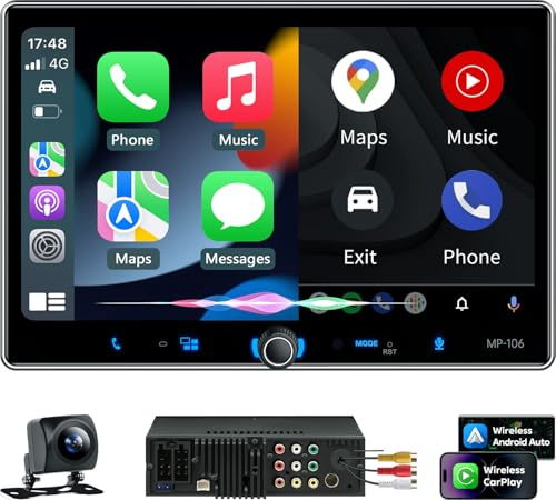 PLZ Single Din Car Stereo Wireless Apple Carplay Android Auto Radio, 10.1 Car Play Touch Screen, Bluetooth 5.3 Car Audio Receiver, 4.2 Channel 240W, Subwoofers, Backup Camera, Navigation, FM/AM, SWC