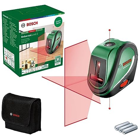 Bosch Kreuzlinienlaser UniversalLevel 2 (Laserkreuz inkl. integrierter Lotpunkte für präzises Ausrichten und einfache Übertragung von Referenzen, im Karton)