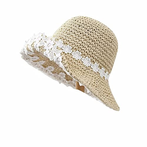 Plancholo Faltbarer Strandhut für Damen, breite Krempe, Strohhut mit Blumen für Outdoor-Reisehut, beige, Einheitsgröße