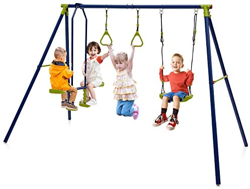 Maxmass Kids Metal Outdoor Swing Set With Adjustable Swing, Glider, and 2 Gym Rings - Backyard Garden Playground Playset for Children (3-in-1)