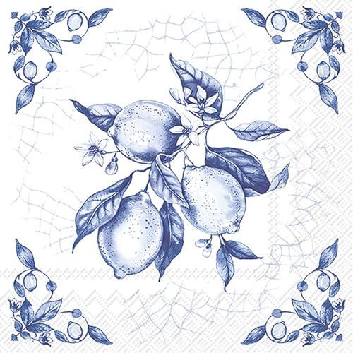 20 Servietten Blumen, Garten & Natur Zitronen in blau als Tischdeko. Papierservietten mit Motiv. Auch für Decoupage und Serviettentechnik 33x33cm