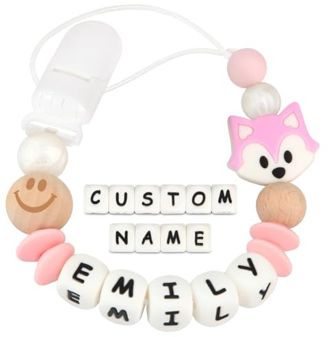 Kowlone Attache Sucette Nom Personnalisé Prenom Silicones Souris Attache Tétine en Clips Chaîne pour Bébé Filles Garçons(Rosa)