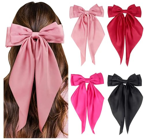 DRESHOW Schleife Haarspange 4 Stück Haarschleife Damen Große Satinband Bogenknoten Haarspangen Pferdeschwanzhalter für Frauen Mädchen