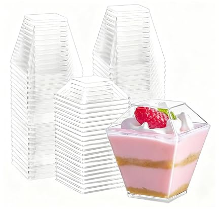Wubushan 60ml Mini Dessertbecher Plastik mit Deckel, 2oz Dessertschalen Eckig Plastik Wiederverwendbar, Dessertglaser mit Loffeln, Parfait Vorspeisenbecher für Tiramisu Desserts Pudding Mousse (50Pcs)