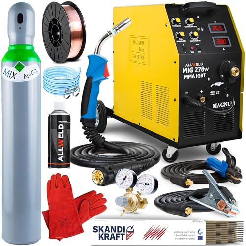 Magnum MIG 278W MMA - Soldador Inverter Profesional 280A 400 V - Soldadura: MIG/MAG, Flux, MMA - Regulación de Inductividad - Alimentador de Alambre de 4 Rodillos y Chasis Rodante - Set Pro