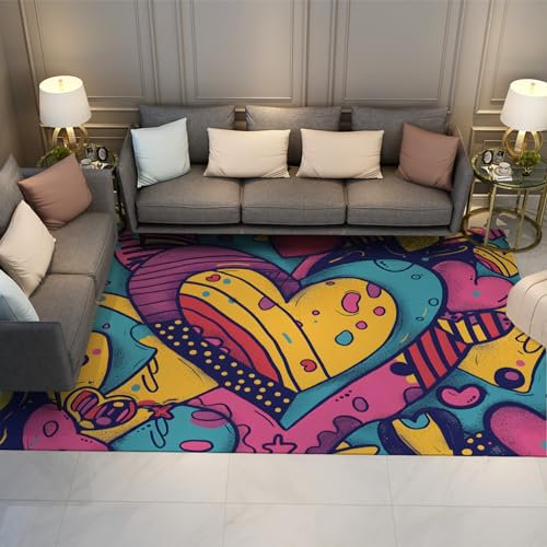 CIHCOHOME Retro Boho Bereich Teppich Bunte Cartoon Herz Schlafzimmer Teppiche für Kinderzimmer Kinderzimmer Eingangsbereich Weiche Vintage Maschinenwaschbare Niederflorteppiche 180x240cm