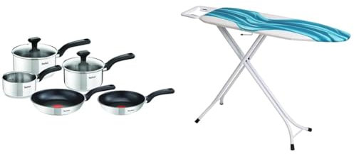 Tefal Comfort Max, Pan Set, 14cm Milkpan, 16cm and 18cm Saucepans with Lids & Mabel Home Adjustable Height, Deluxe, 4-Leg, Ironing Board, Additinoal Cover, Foldable, Collapsible